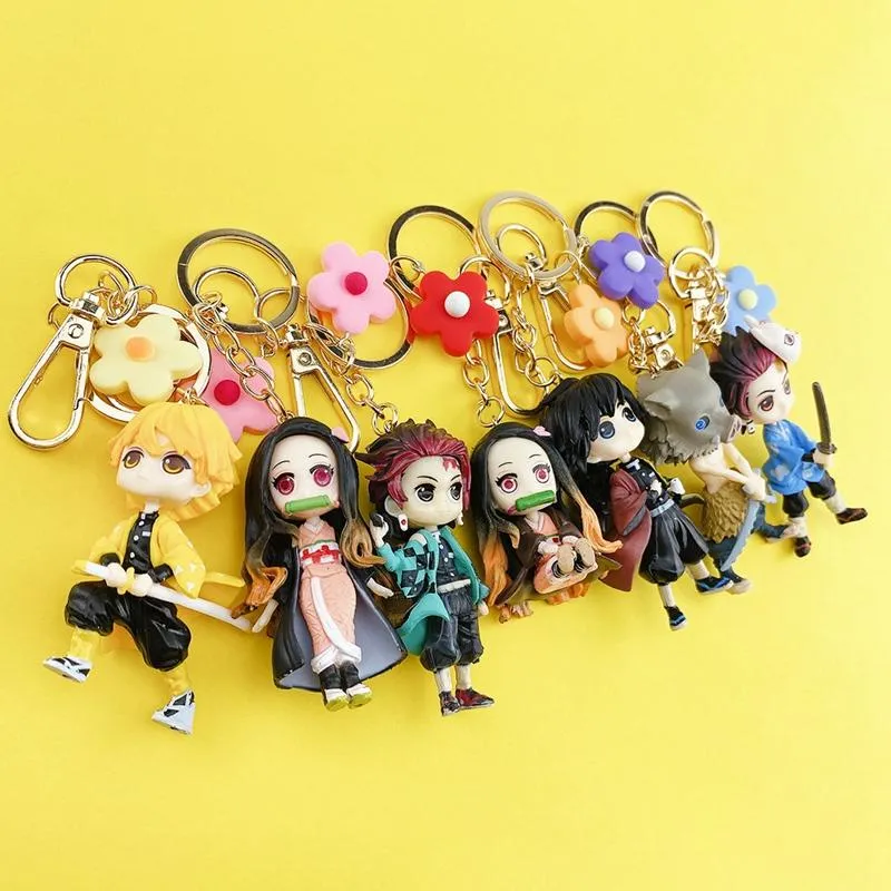 Keychains Anime Demon Slayer Keychain Cute Brinco Blade of Ghost PVC Key Chain Kamado Tanjirou Cosplay Pompom Yaiba Keyring Pendan286s