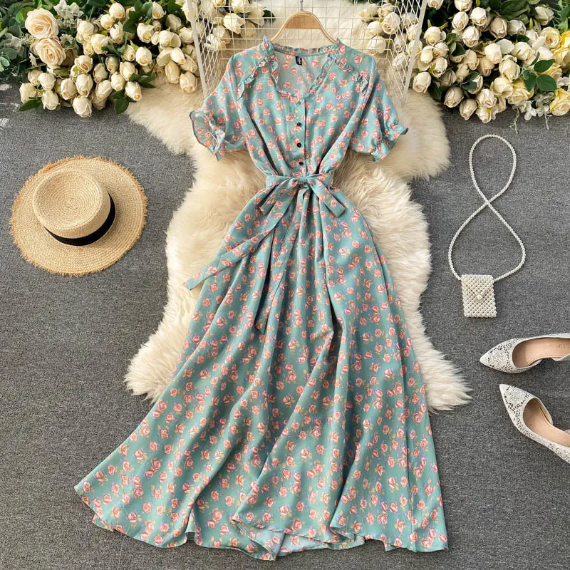 Elegante retro bloemen vintage boho jurk bladerdeeg mouwen taille slanke grote swing lange korte ruches strand zomer 210420