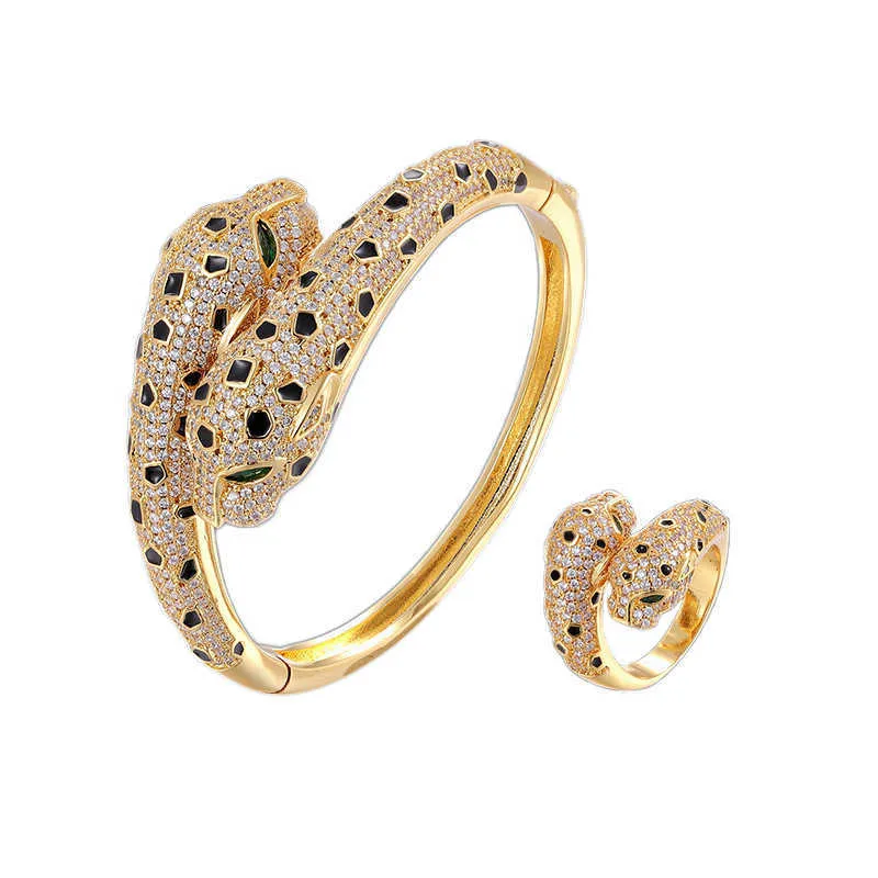 Luxury Double-headed Leopard Bangle Ring Sets with Cubic Zircon Tension Mount Gold Bracelets Bangles for Women Jewelry Q0720