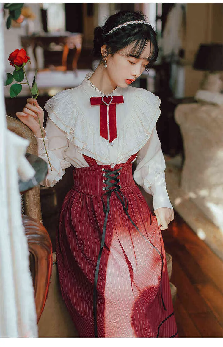 England Style 2 sztuki Zestawy Vintage Nowoczesne Stroje Kobiet Sweet Lace Bow Lantern Rękaw Koszula Topy Bandaż Stripe Long Spódnica 211106