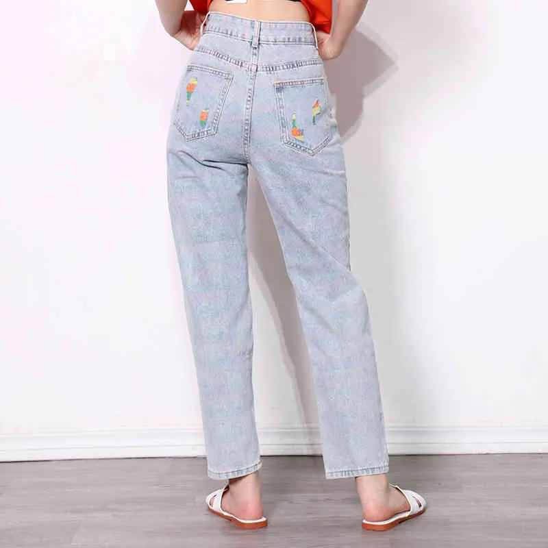 Denim Hit couleur Patchwork pantalon pour femmes taille haute trou droit Jeans décontractés femme mode vêtements 210521