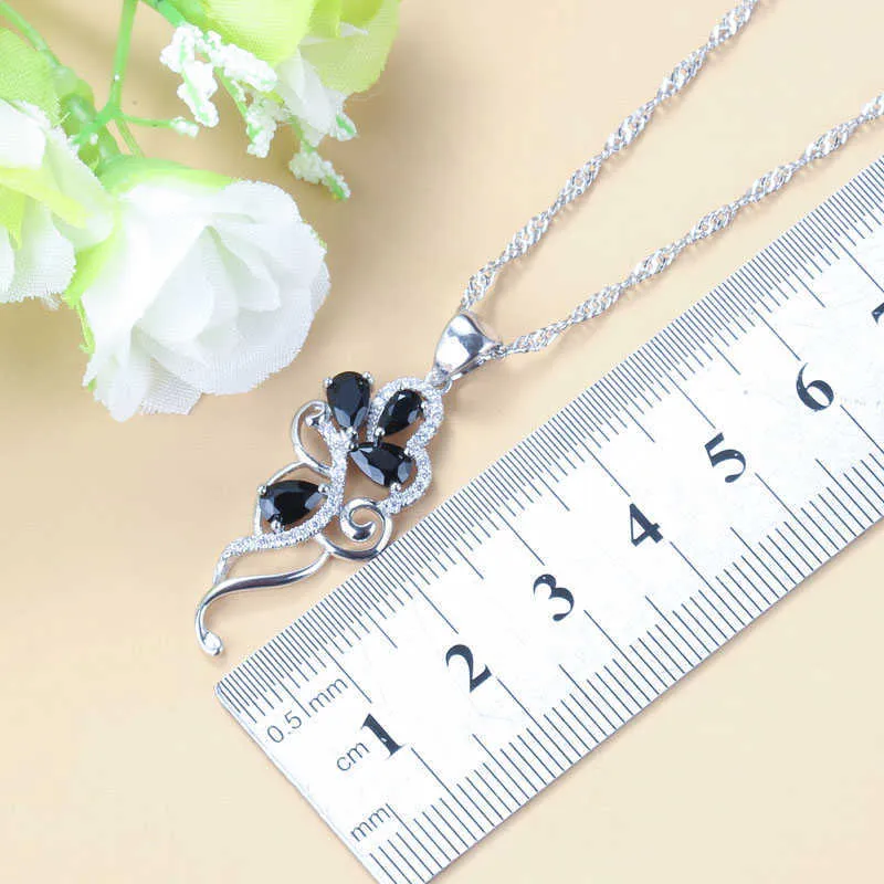 Silver-Color Women's Wear Jewelry Cubic Zirconia Ring Earrings Necklace Black Cubic Zircon Crystal 6-Colors Costume H1022