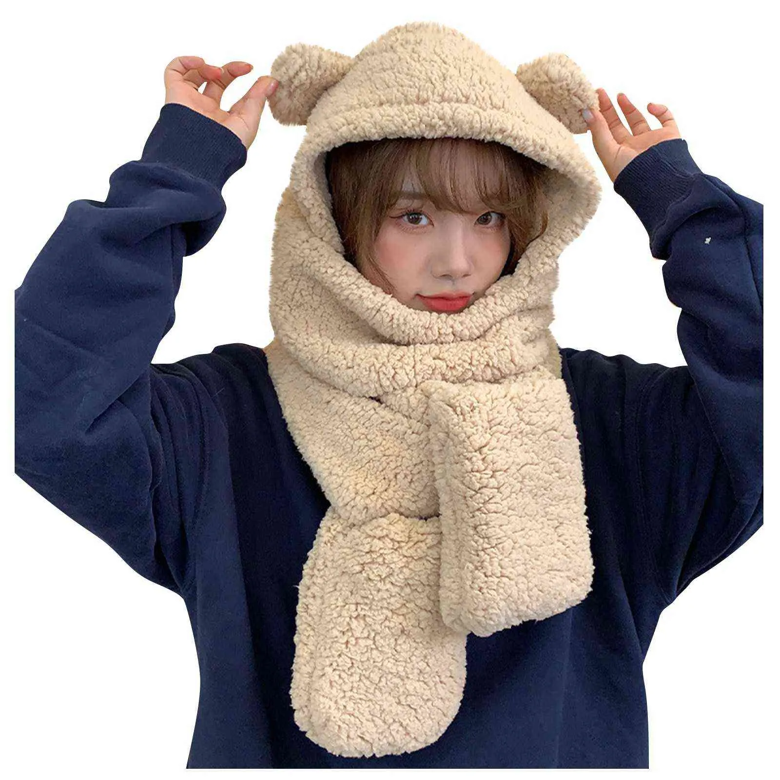 Bonito urso orelha chapéu lenço luvas conjunto inverno mulheres novidade caps quente casual chapéus de pelúcia casual fleece menina kawaii acessórios y21111