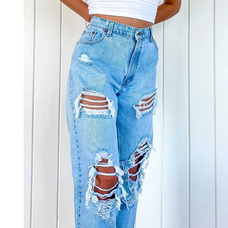 Женская уличная одежда джинсы повседневная прямая нога высокая талия свободные фитинга рваные отверстия тонкие женщины джинсовые брюки FEMININO 210922