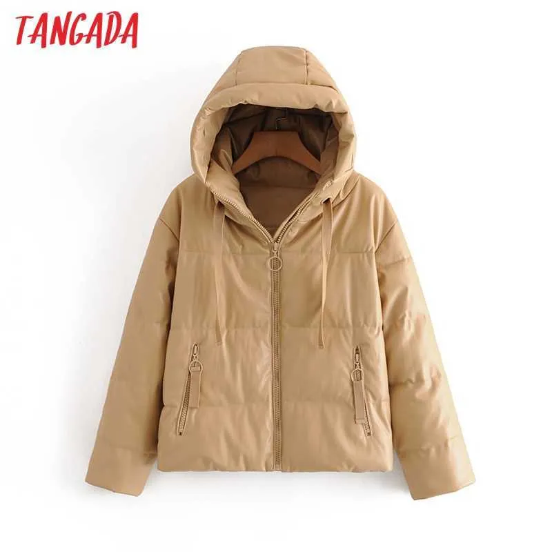 Tangada Winter Women khaki fur faux leather jacket coat oversized zipper Female Thick pu hooded Over 6A170-1 211013