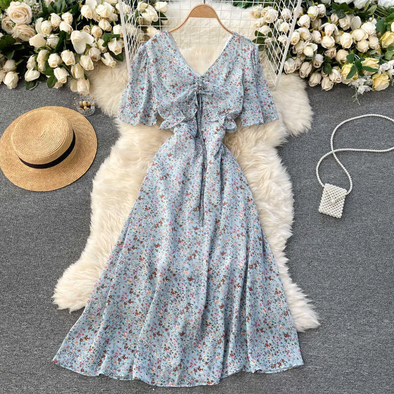 Sommer Mode Frauen Süße Chiffon Print V-ausschnitt Kordelzug Kurze Flare Hülse Dünnes Kleid Vestidos R478 210527