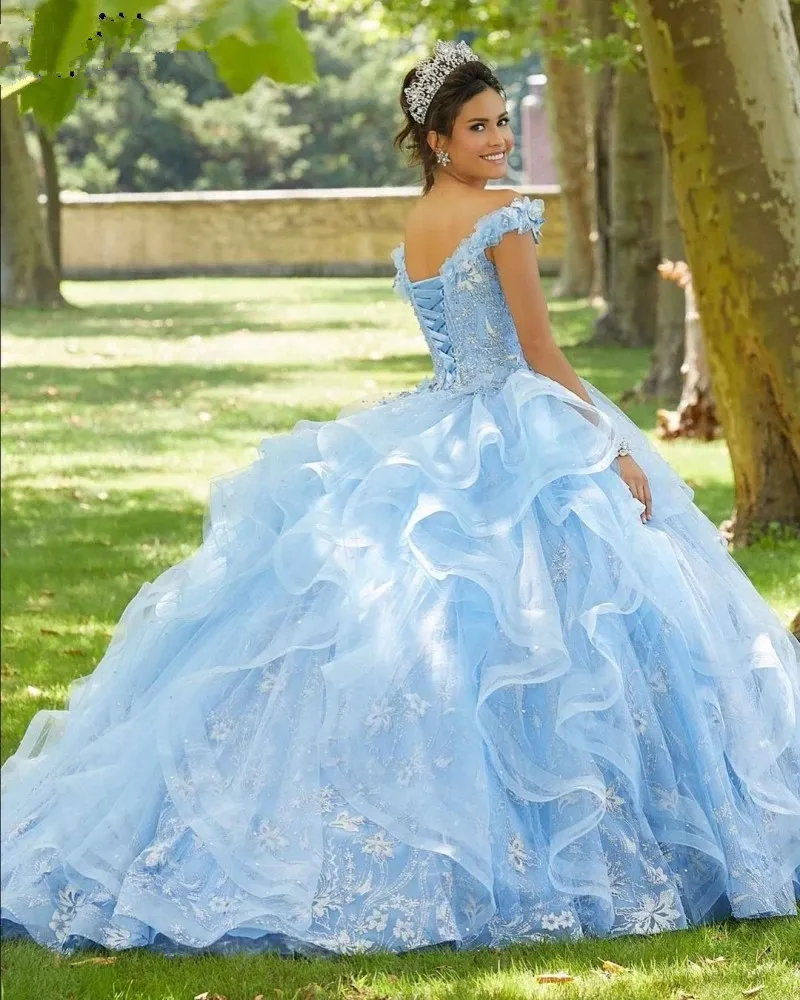 2021 bleu ciel clair robes de 15 a os Quinceanera robes perles Applique doux 16 robe de bal grande taille robe de bal 223B