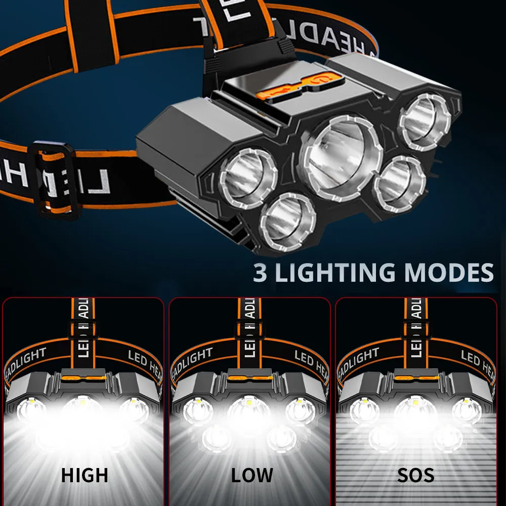 Tragbare, wiederaufladbare USB-Taschenlampe für den Außenbereich mit 1200-mA-Akku, 5 LEDs und 5 W starker Stirnlampe für nächtliches, sicheres Radfahren