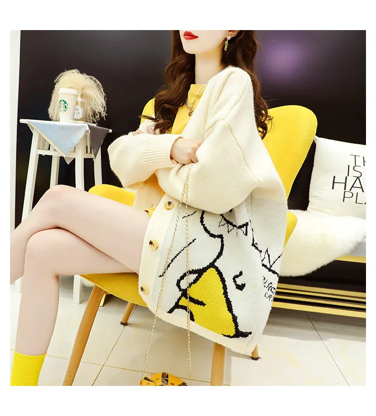 H.SA Koreanische Mode Frauen Pullover Cardigans Cartoon Niedlichen Dinosaurier Druck beige Black Kawaii Kleidung Poncho Knit Jacken 210417