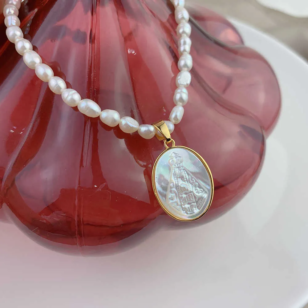 Colliers ras de cou en perles d'eau douce pour femmes, coquille de vadrouille naturelle, sainte vierge marie Guadalupe, pendentif de médaille religieuse 2109299051754
