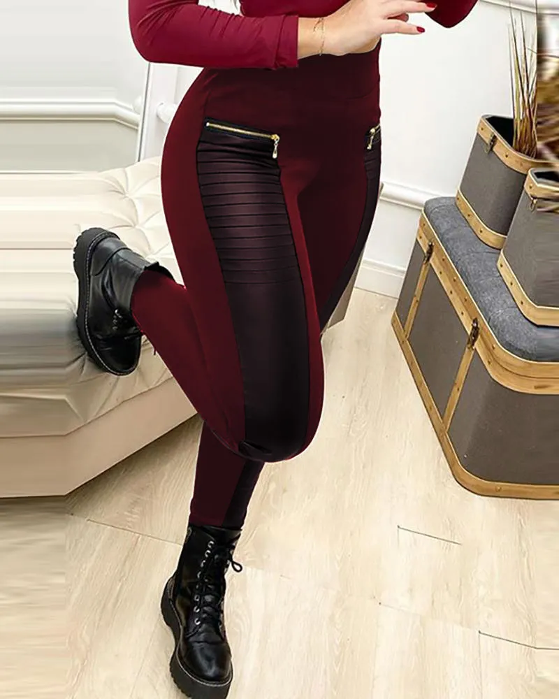 Moda Donna Autunno Pre-Fall Elegante Casual PU Leather Contrast Zipper Design Pantaloni skinny a vita alta 210415