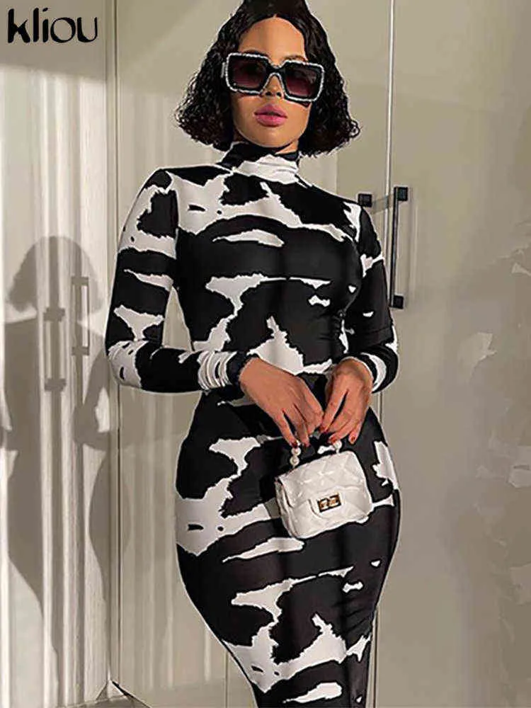 Kliou Cows Print Maxi Jurk voor Dames Herfst Aesthetic Classy Tie Dye Party Style Robe Schede Slanke Turtleneck Vrouwelijke Vestido Y1204