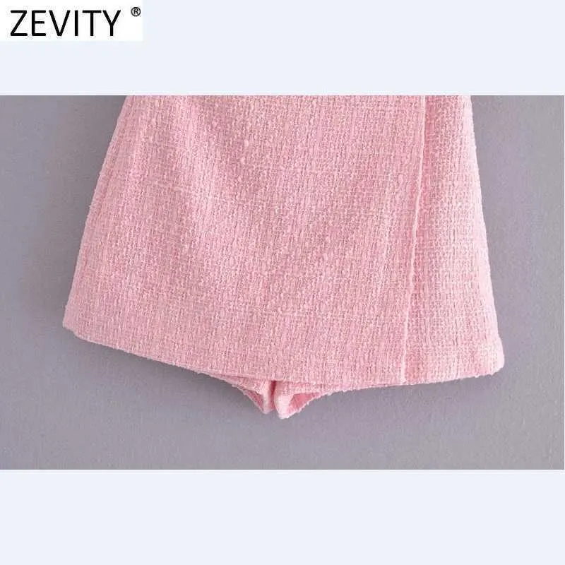 Zevity femmes mode rose couleur vérifier Texture Slim Tweed jupes Shorts femme côté fermeture éclair Chic pantalon Cortos P1098 210603