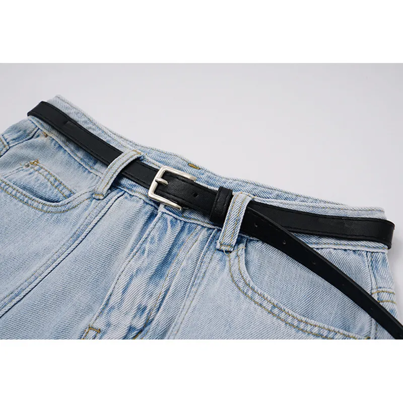 [Eam] Kvinnor Casual Belt Burr Fickor Wide Ben Denim Shorts Hög midja Lösa Byxor Mode Vår Sommar 1DD8363 21512