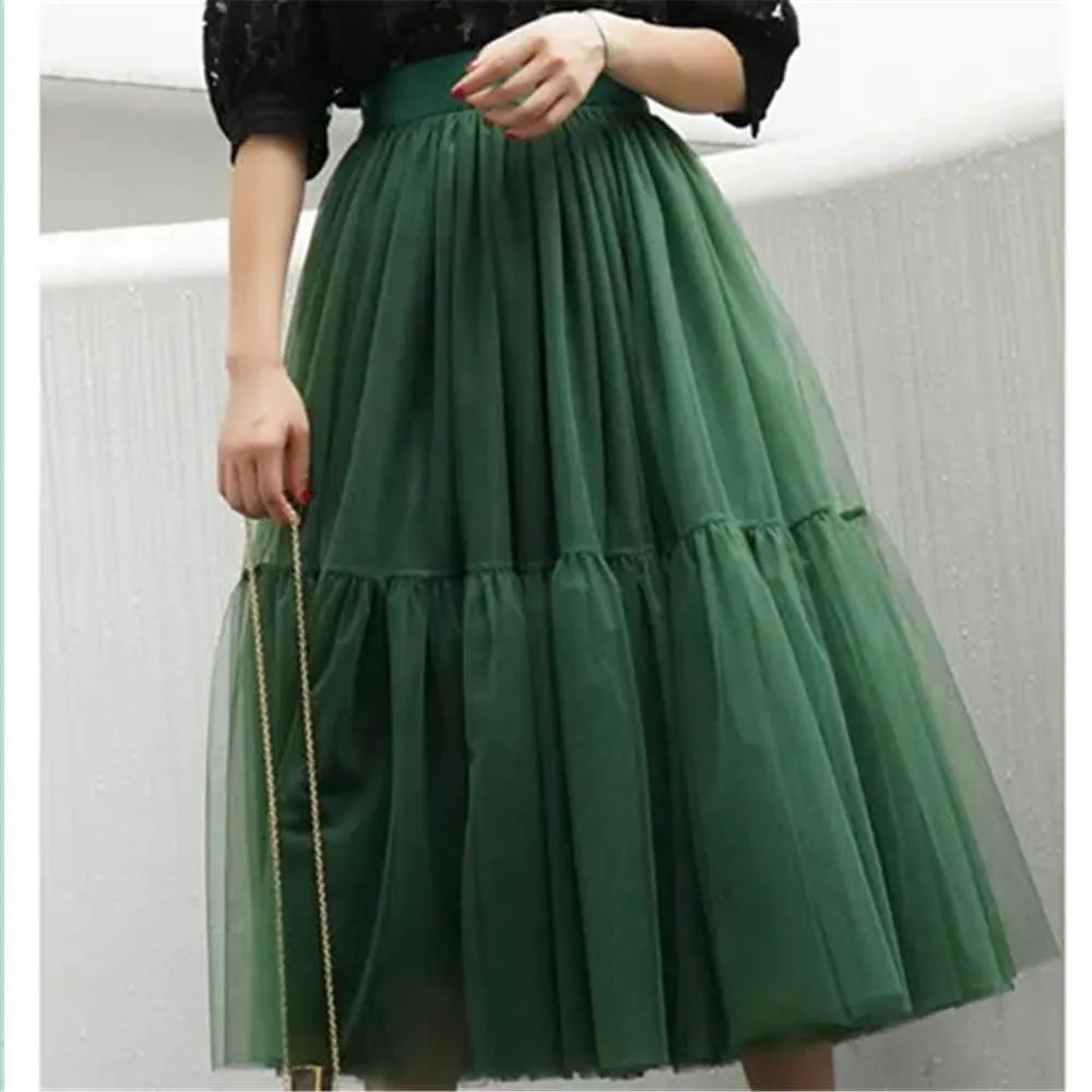 Elegant Tulle Pleated Skirt Summer Autumn Winter Big Swing Women Skirt Korean Female Cute Green Blue Purple Long Skirt Tutu 210619