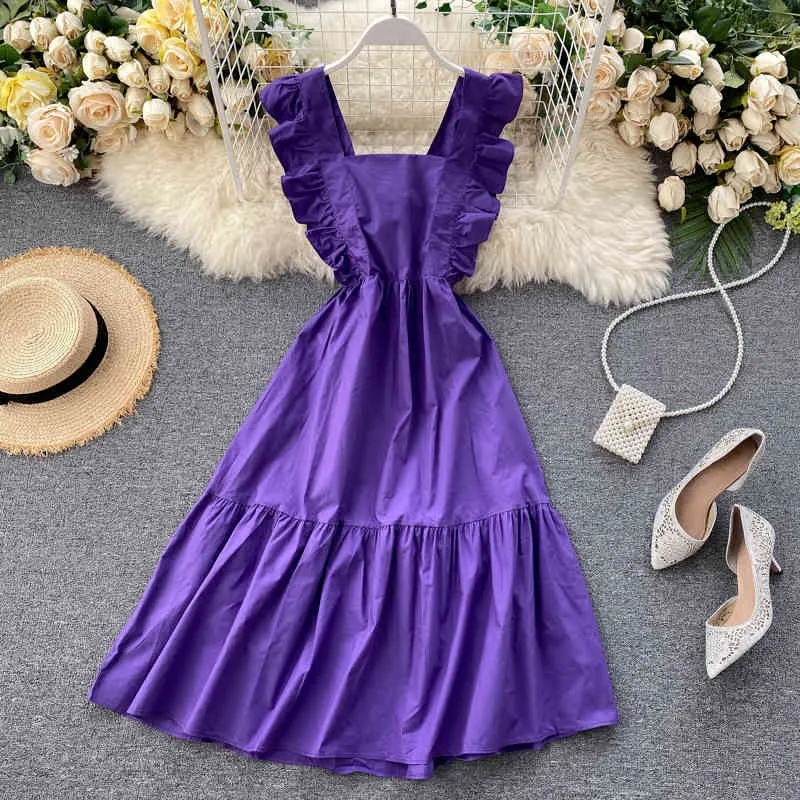 Romantic Women Dress Back Hollow Out Bow Bandage Dresses 2021 New Summer Sleeveless Ruffles Party Dress Clothing Purple X0521