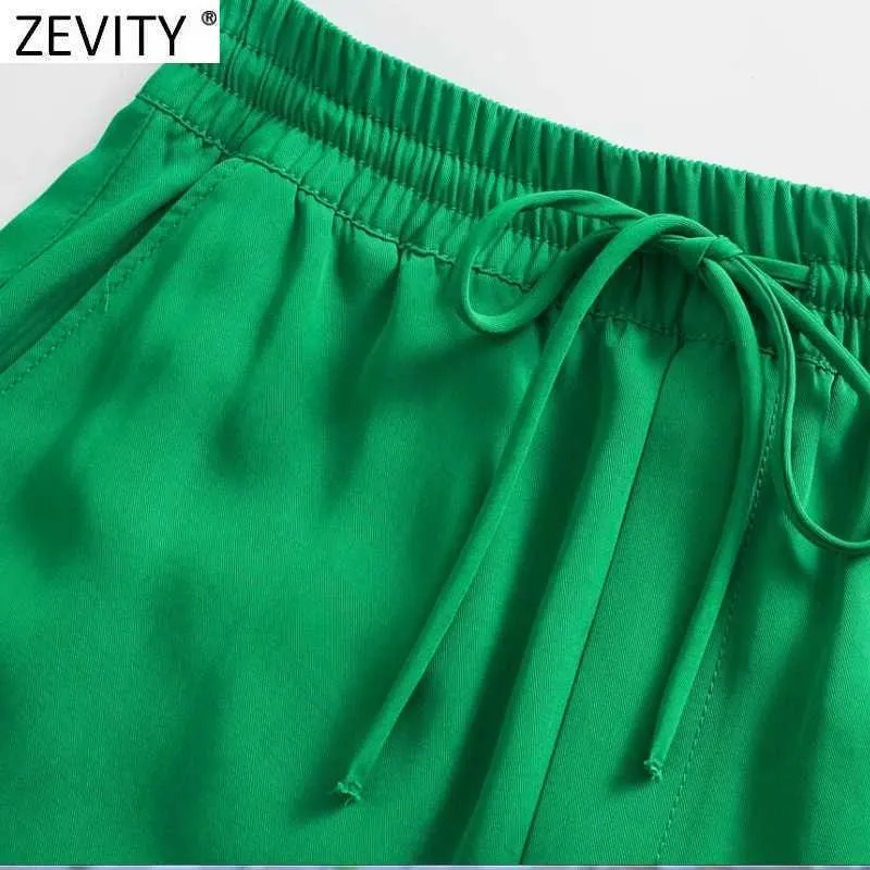 Zevity Women Simply Solid Green Color Pockets Casual Straight Pants Female Chic Elastic Waist Lace Up Summer Long Trousers P1116 210603