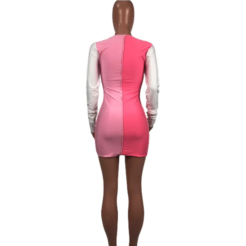 White Pink Patchwork Sheath Mini Dresses For Women O Neck Long Sleeve T-Shirt Tunic Sexy Trendy Chic Party Clubwear Dress 210525