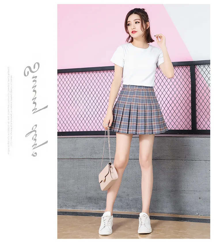 Qooth Ins Summer Autumn Pleated Mini Flare Skirt Women Preppy Style School Girl JK Uniform Plaid Skirts Plus Size 3XL QT193-2 210518