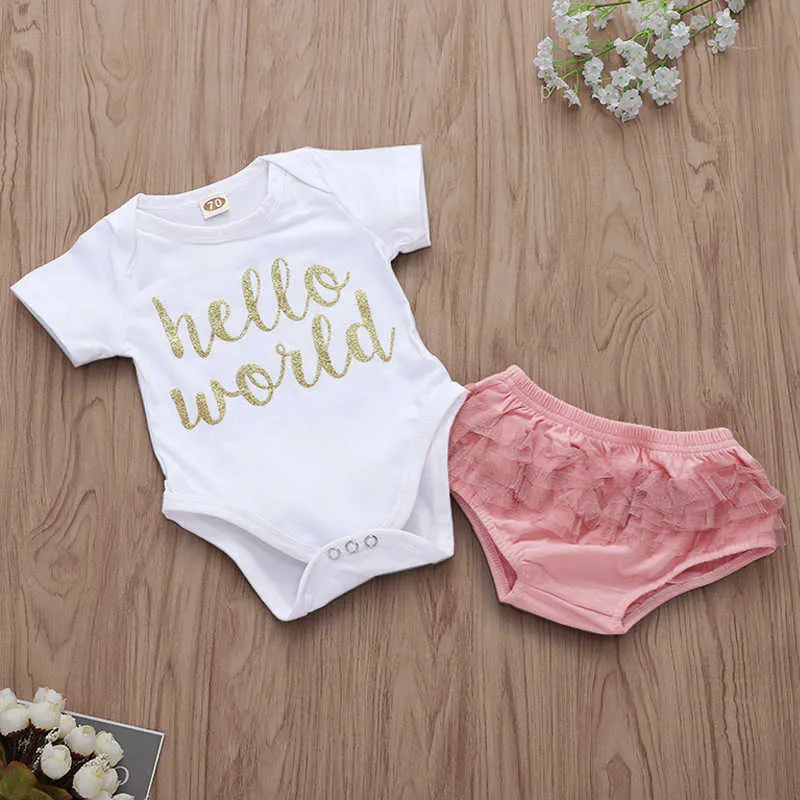 EAZII Hello World Print Born Niemowlę Baby Girl Romper Kombinezon z bielizną Z krótkim rękawem Sunsuit Summer Odzież Outfit 0-24m 210806