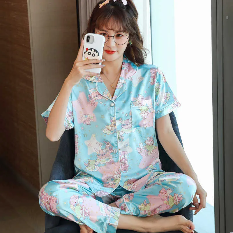 Silk Pajamas для женщин дизайнерские спящие одежды Прекрасные пижамы набор с коротким рукавом + длинные брюки дома носить ленивый стиль белье Femme Pijamas Q0706