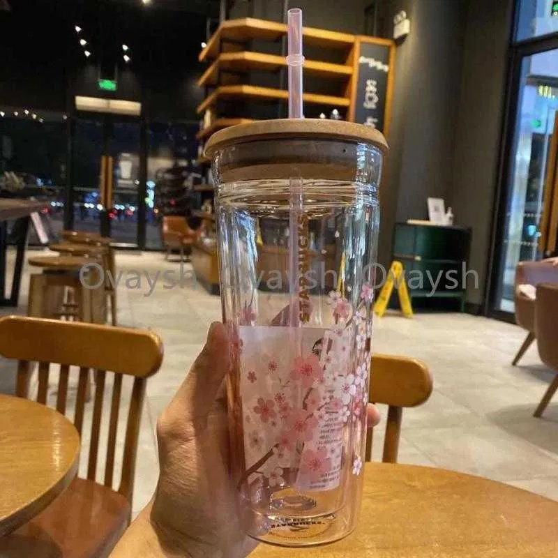 Japanese style Starbucks sakura Wooden Tumblers cover glass Straw cup 591ML Cherry blossom Double layer coffeeY80YY80Y272r