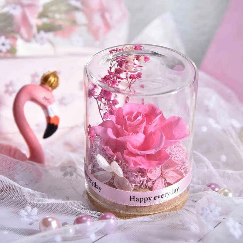 Valentines Day Decor Eternal Rose Glass Cover Gift Box Decor Real Flower Dried Roses DIY for Mom Girl Birthday Mothers Day Gift