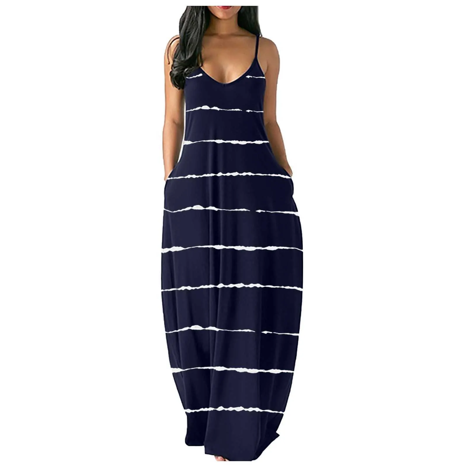Vintage vrouwen streep print maxi jurk zomer v-hals mouwloze slinger jurken meisjes lange strand jurken casual sundress vestidos y0924