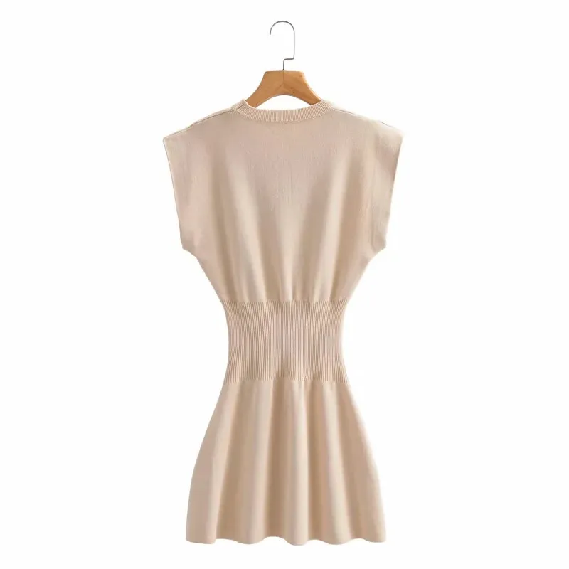 Beige tricoté Mini robe femmes été O cou sans manches femme élégante robes taille froncée décontracté 210519