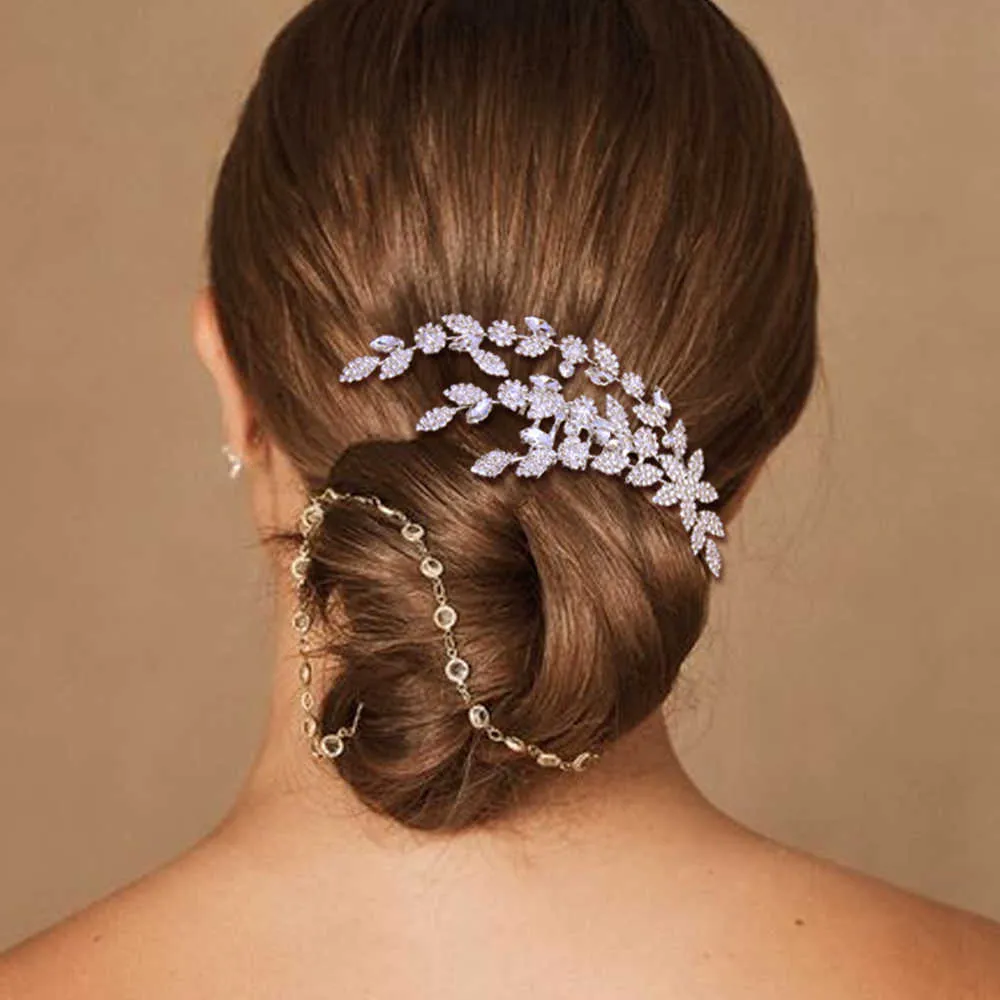 Stonefans Hoja de lujo Rhinestone Peines Accesorios para el cabello para mujeres Moda Flor Nupcial Pieza de pelo Boda Tocado Tiara X0625