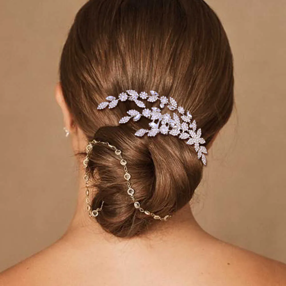 Stonefans Lyxiga blad Rhinestone Hair Combs Hårtillbehör För Kvinnor Mode Flower Bridal Hair Piece Bröllop Headpiece Tiara X0625