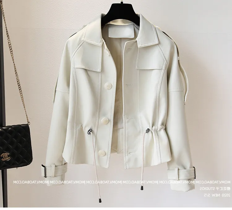 Kurze Lederjacke Frauen Slim Long Sleeve Reißverschluss Drehen Sie Kragen weißer Faux Blazer Coat Herbst Winter Street Outwear 210525