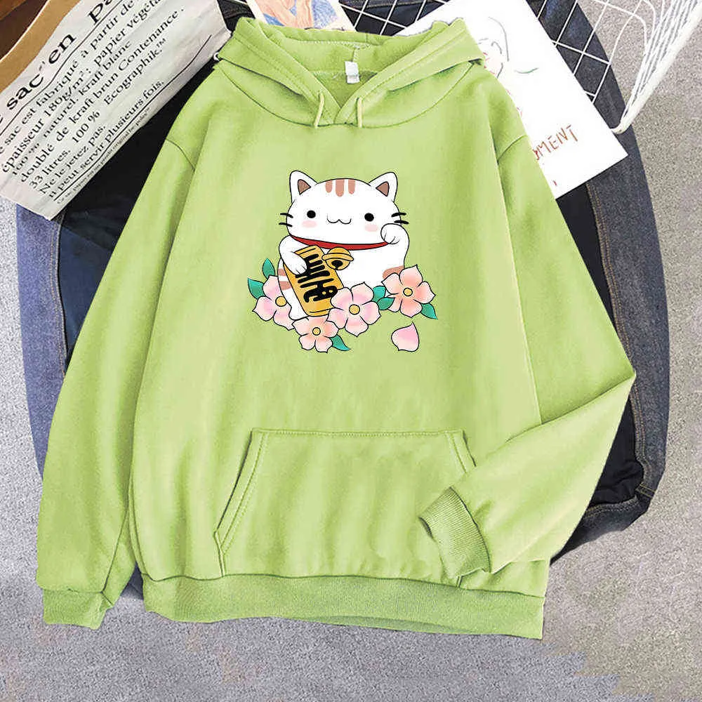 Anime Sweats à capuche Fortune Cat Impression Sweat-shirt Femmes Streetwear Graphique Esthétique Kawaii Vêtements Surdimensionné Dessin Animé Pulls Tops Y0820