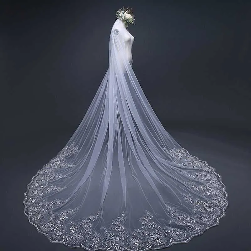 4M einlagiger Damen-Kathedralen-Hochzeitsschleier mit bestickter Blumenspitze, gewellter Rand, Brautschleier mit Kamm, X0726