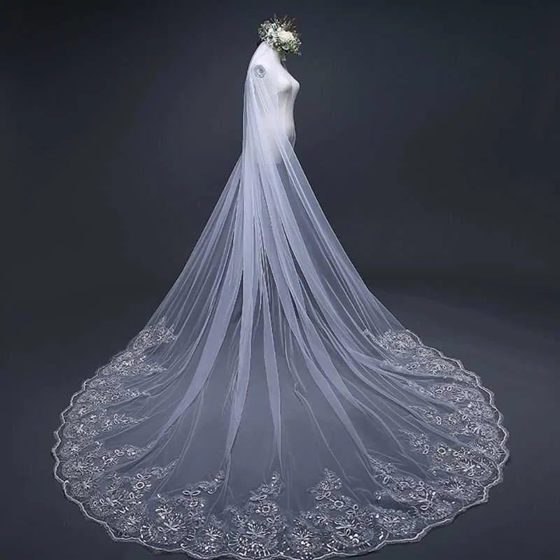 4M Onelayer Women Trailing Cathedral Long Wedding Veil Embroidered Floral Lace Aptloped Trim Bridal Veil with Comb X0728813974