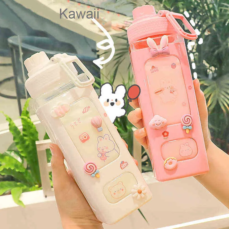 Kawaii urso pastel garrafa de água com adesivo 3d 700ml 900ml plástico viagem chá suco leite portátil bonito shaker bebida garrafa presente y2504