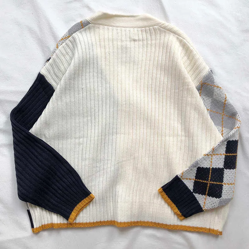 i primavera e autunno stile coreano patchwork di colori scollo a V plaid lavorato a maglia cardigan maglioni da donna X180 210914