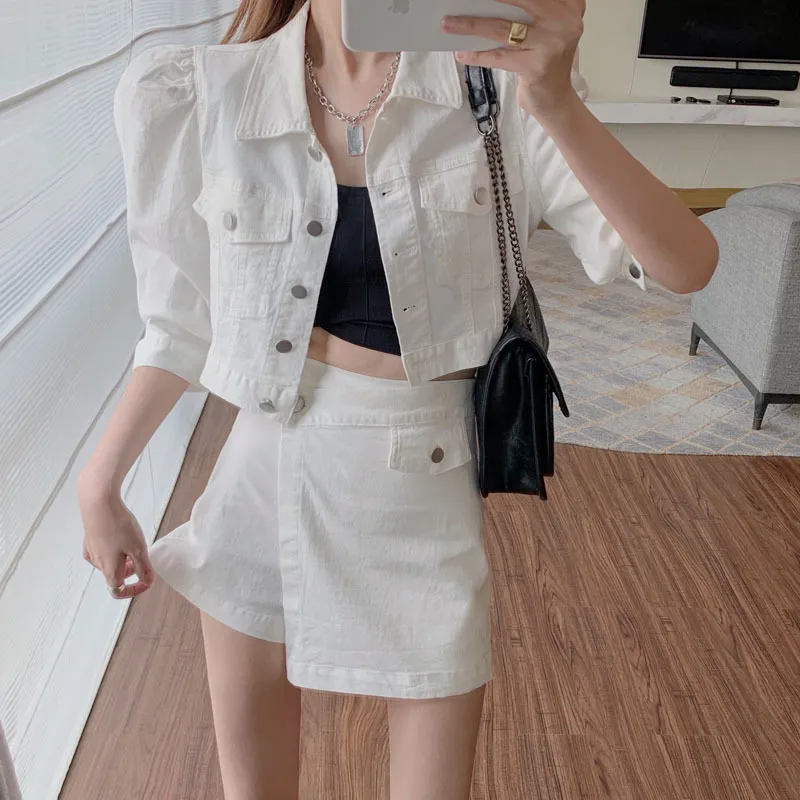 Koreanska sommar två stycken Set Elegant damer Lapel Puff Sleeve Single-breasted Jacket Top + High Waist Shorts Suit 210518