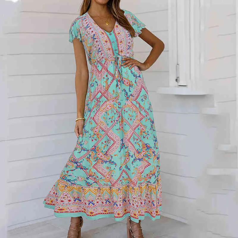 FORIDOL BOHEMIAN FLORAL PRINT MAXI Длинное платье Женщины V шеи rush Button Beach Летнее Платье Пурпур Boho Правление 210415