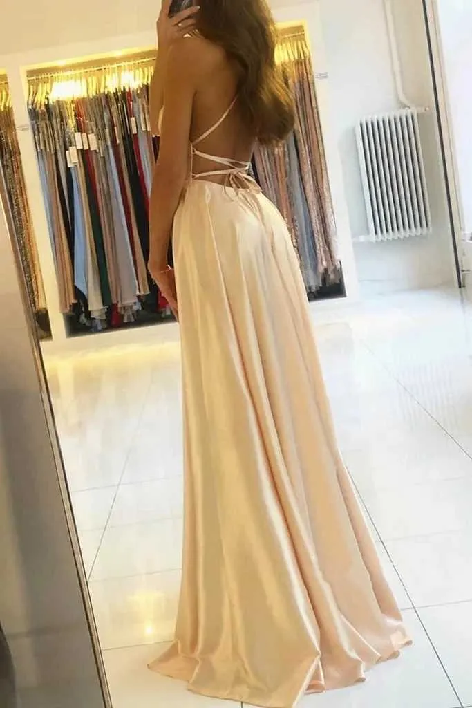 AE946 satin Dresses Evening Dress prom party Robe De Soiree Longue Formal Dress simple Spaghetti sexy slit 210719