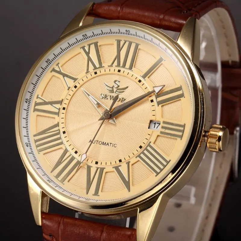 Mężczyźni Mechaniczne ręce zegarek wiatru Retro złota rzymska brązowa skórzana skórzana pasek