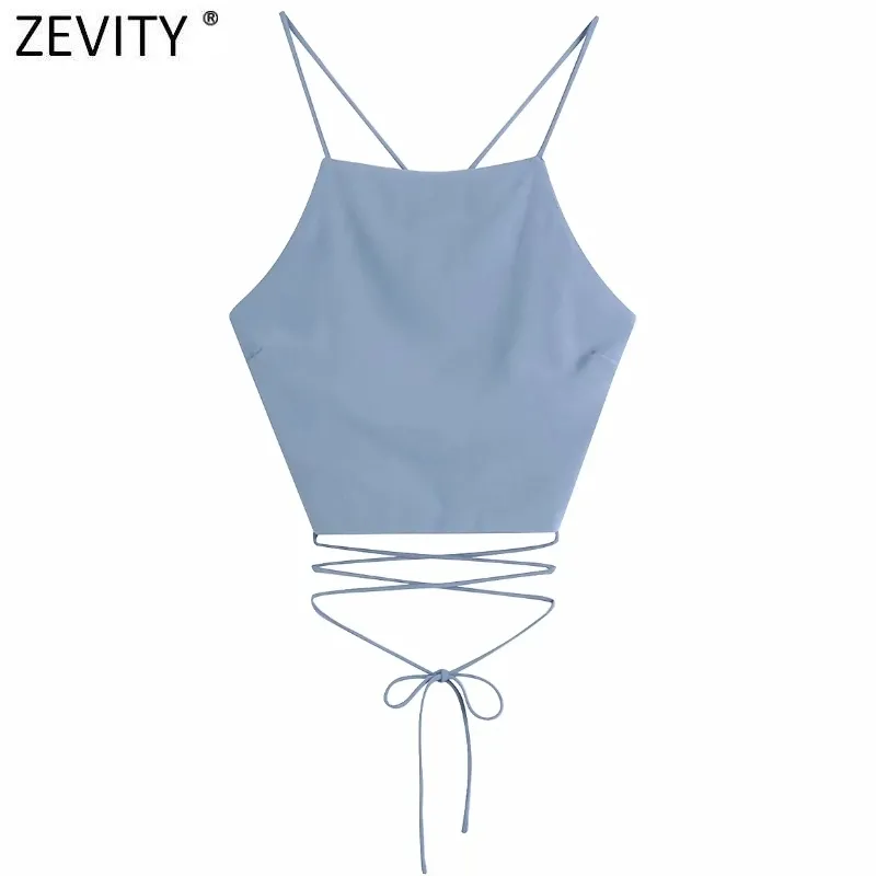 Zevity New Women Spaghettiストラップセクシーなシックなソリッドキャミスタンクレディー夏背中の背骨クロスレースアップスリングショートクロップトップスLS9010 210419