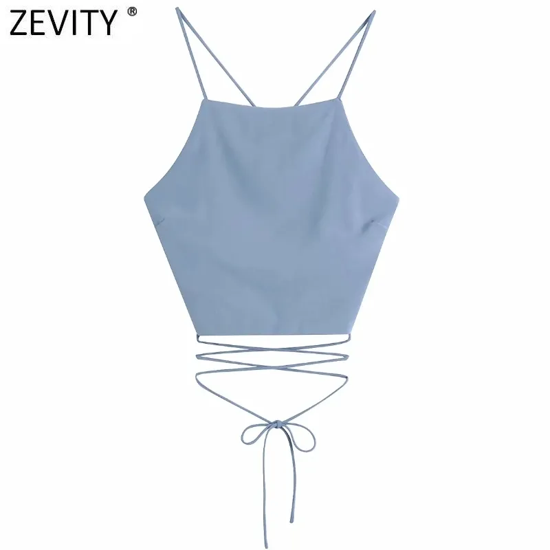 Zevity New Women Spaghetti Strap Sexig Chic Solid Camis Tank Lady Sommar Backless Cross Lace Up Sling Short Crop Tops LS9010 210419