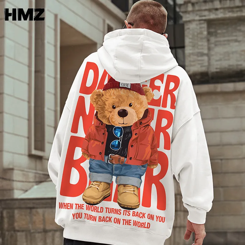 Hmz hip hop streetwear tröja hoodie män björn brev tryck pullover höst hajuku bomull casual hooded 220315