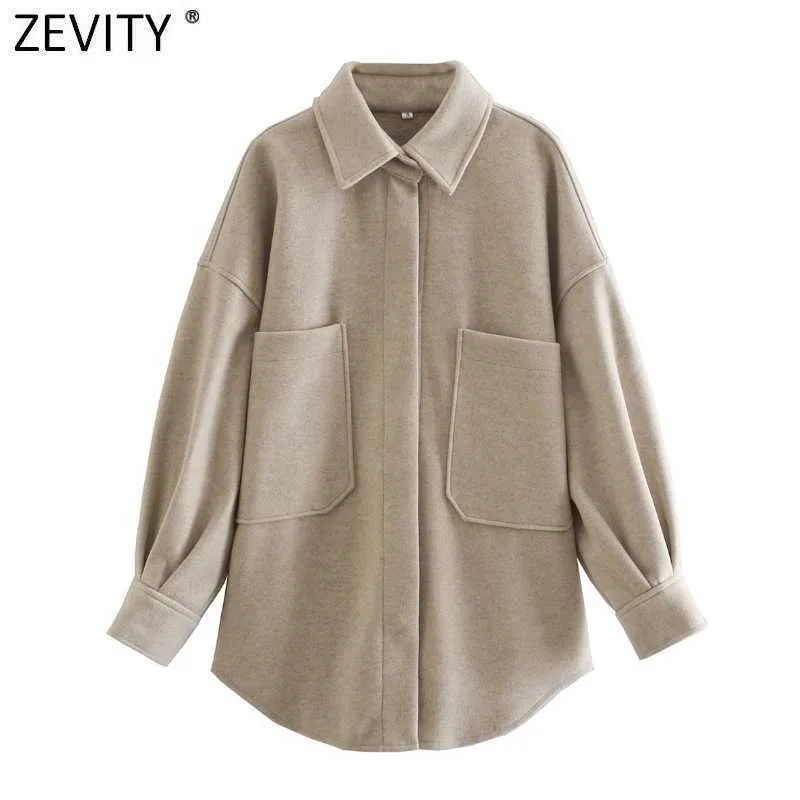 Zevity 여성 빈티지 솔리드 컬러 큰 포켓 패치 캐주얼 셔츠 코트 여성 streetwear outwear 세련 된 느슨한 재킷 탑 CT615 210603
