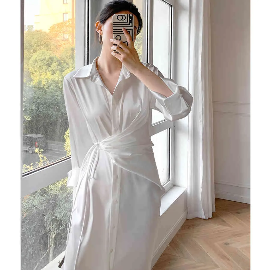 Korobov Vintage Elegant White Silk Dress Korean Turn-Down Collar Long Sleeve Lacing Slim Dresses Spring Autumn Robe Femme 210430