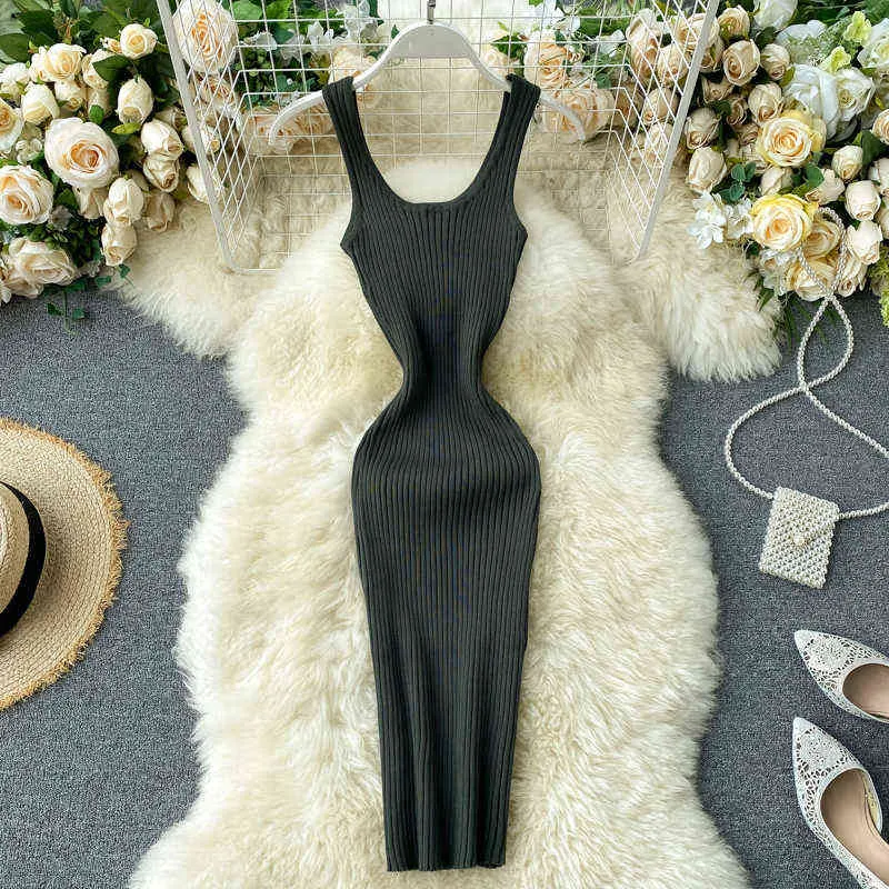 Mulheres lápis vestido de manga tanque quadrado colarinho bodycon sexy vestidos kpop vintage ol elástico de malha feminina vestidos de verão 2020 g1214