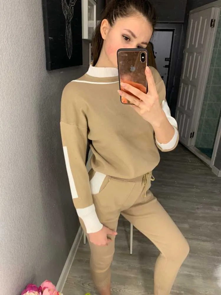 Women Tracksuit Clothes Spring Autumn Pullover Sweater Top And Slim Pants Sets Woman Sportsuits Knit Outfit 210525