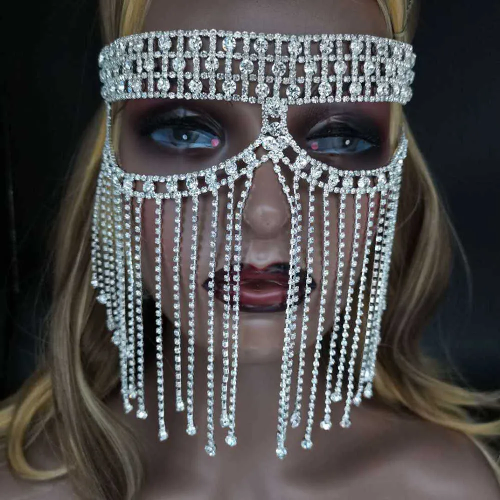 2021 Luxury Full Rhinestone Tassel Mask Maska Maskarada do twarzy biżuteria dla kobiet seksowna krystaliczna łańcuch cosplay maska ​​twarzy Akcesoria Q05730314