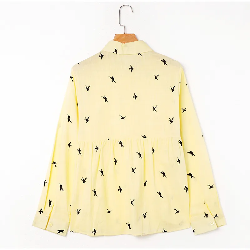 Oiseaux imprimé coton lin femmes chemise grande taille 5XL simple boutonnage col rabattu femmes chemises printemps lâche décontracté 210518